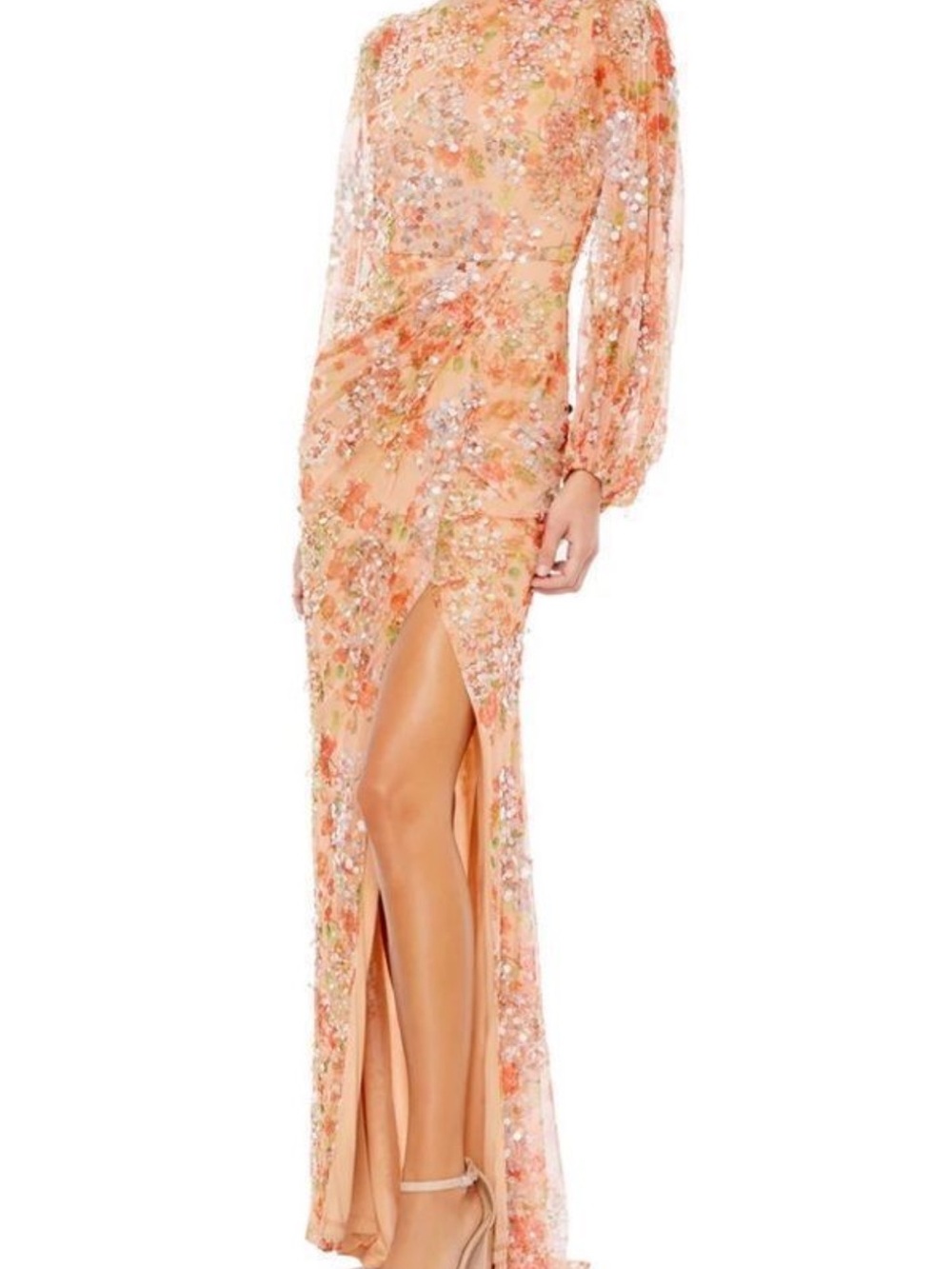 Max Duggal Floral Print Sequined Puff Sleeve Gown